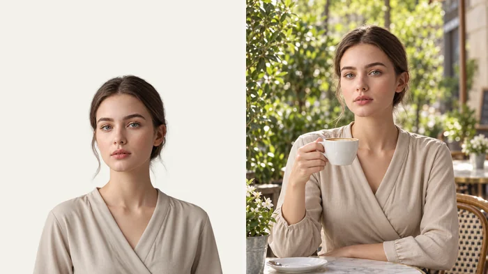Studio portrait turned into a relaxed café lifestyle photo