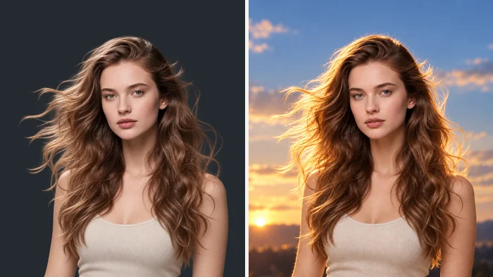 Indoor portrait relit with warm cinematic sunlight against a blue sky