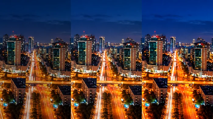 Night city skyline shown in three progressively refined versions