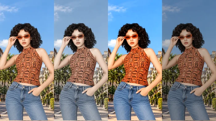 The same street-style photo shown in four different color grades