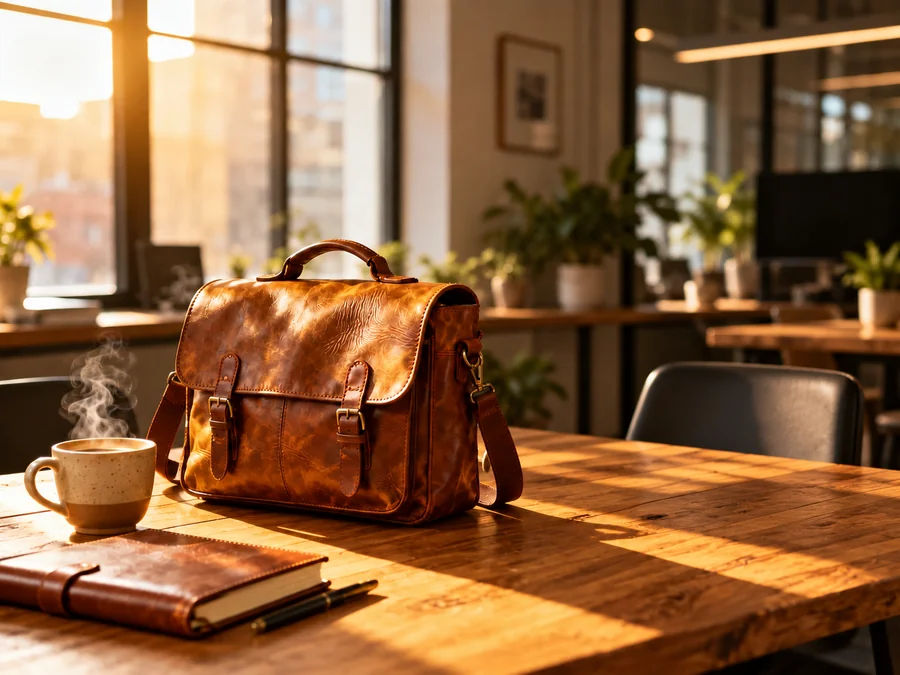 Leather messenger bag styled on a wooden desk with coffee, a notebook, and morning light