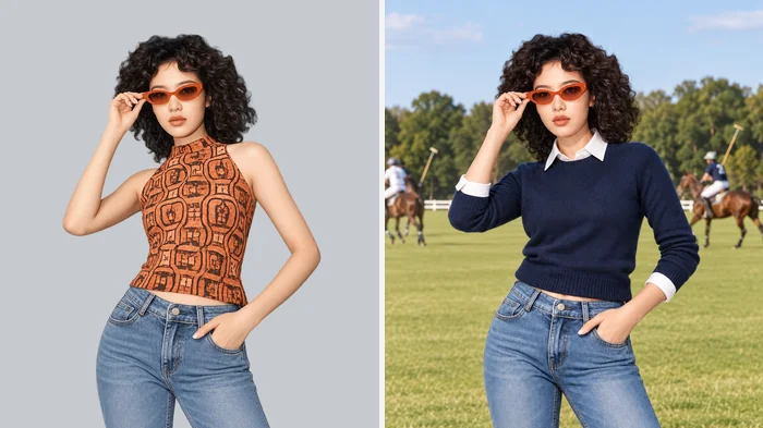 Woman on a city street changed into a navy sweater on a sunny polo field