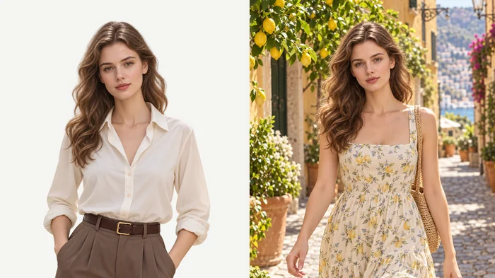 Portrait on a plain background moved to a sunny Mediterranean street in a floral dress