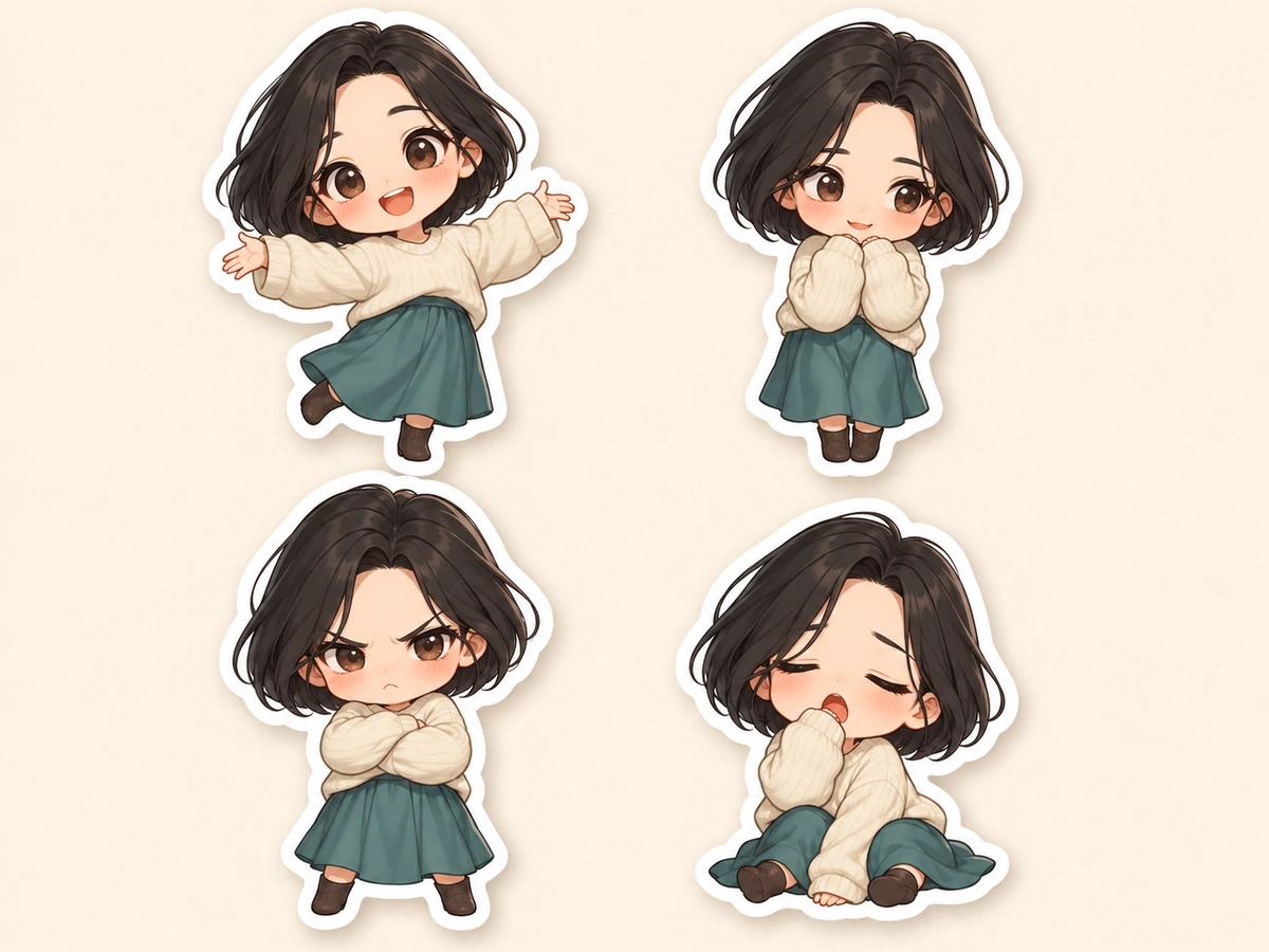 Chibi sticker sheet with white die-cut borders and four emote expressions