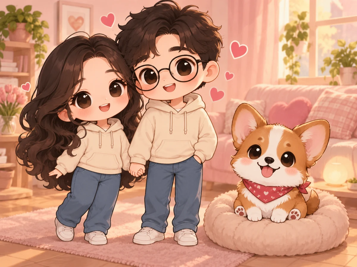A chibi couple with floating hearts next to a chibi dog with a red bandana