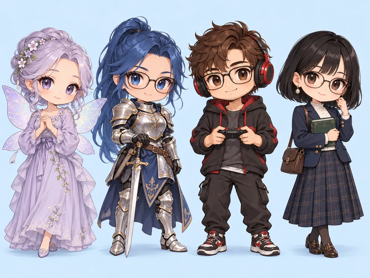 Four chibi characters made from text: a fairy, a knight, a gamer boy, and a schoolgirl