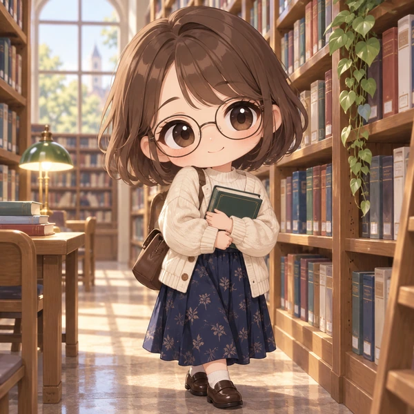Chibi student girl holding a book in front of library shelves