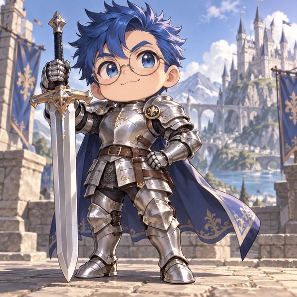 Chibi warrior in bronze armor holding a sword among stone ruins