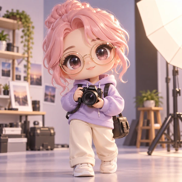 3D chibi with pastel pink hair and glasses holding a camera