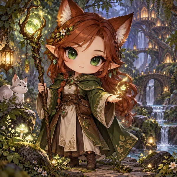 Chibi elf mage with fox ears holding a glowing staff in an enchanted forest