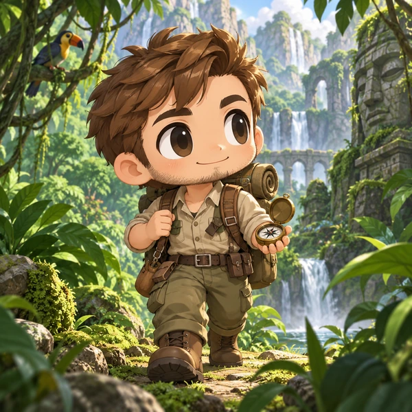 Chibi explorer boy with a backpack walking through a green jungle