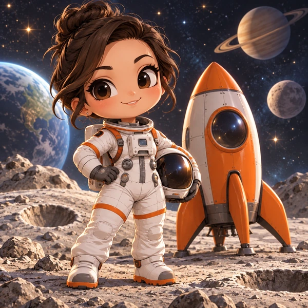 Chibi astronaut with an orange rocket standing on a cratered moon