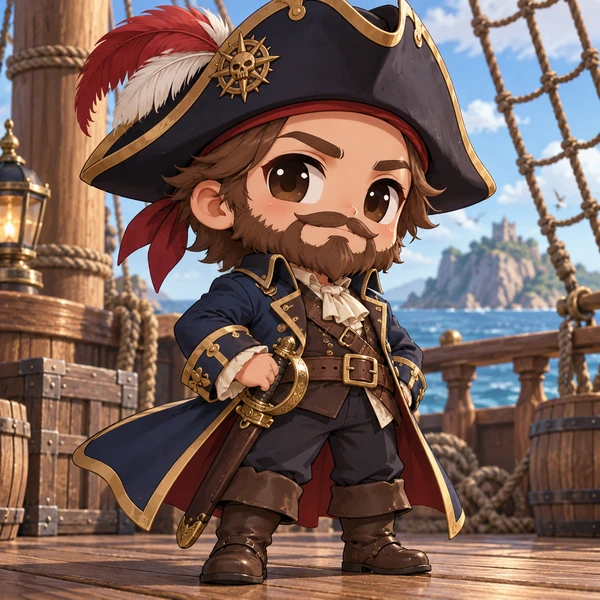 Chibi pirate captain with a tricorn hat on a ship deck