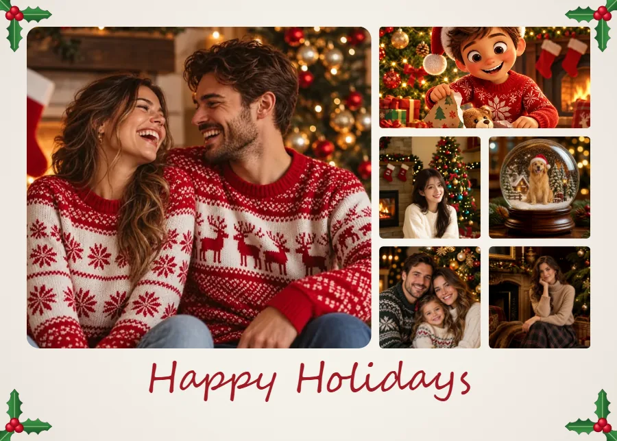 Feature Christmas collage with one large couple photo and five smaller photos