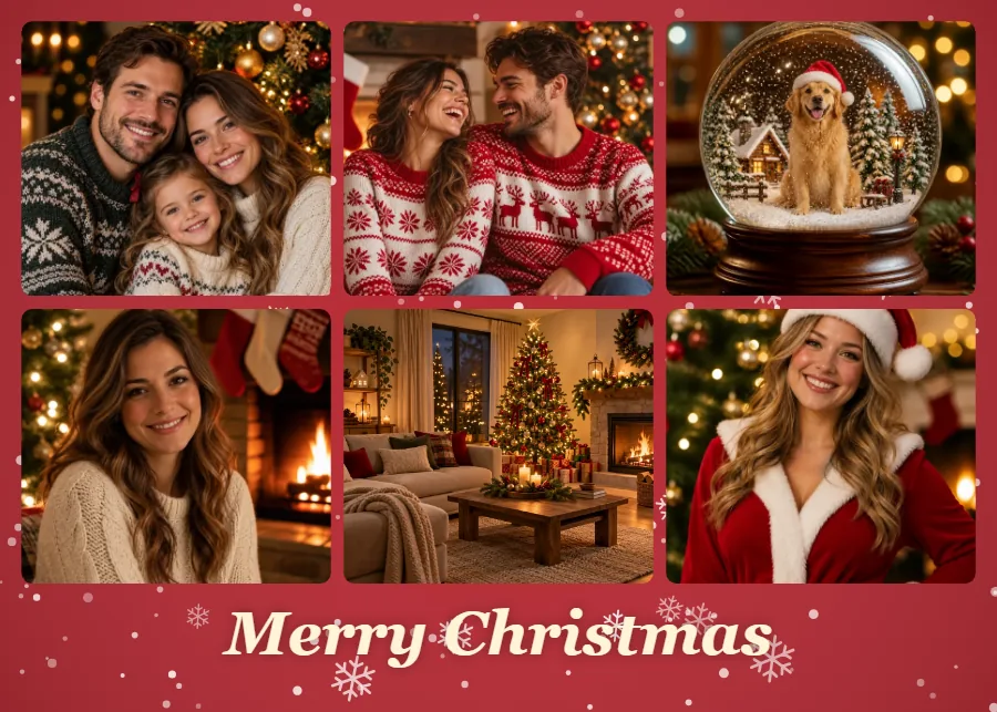 Grid Christmas collage of six holiday photos on a red snowy background