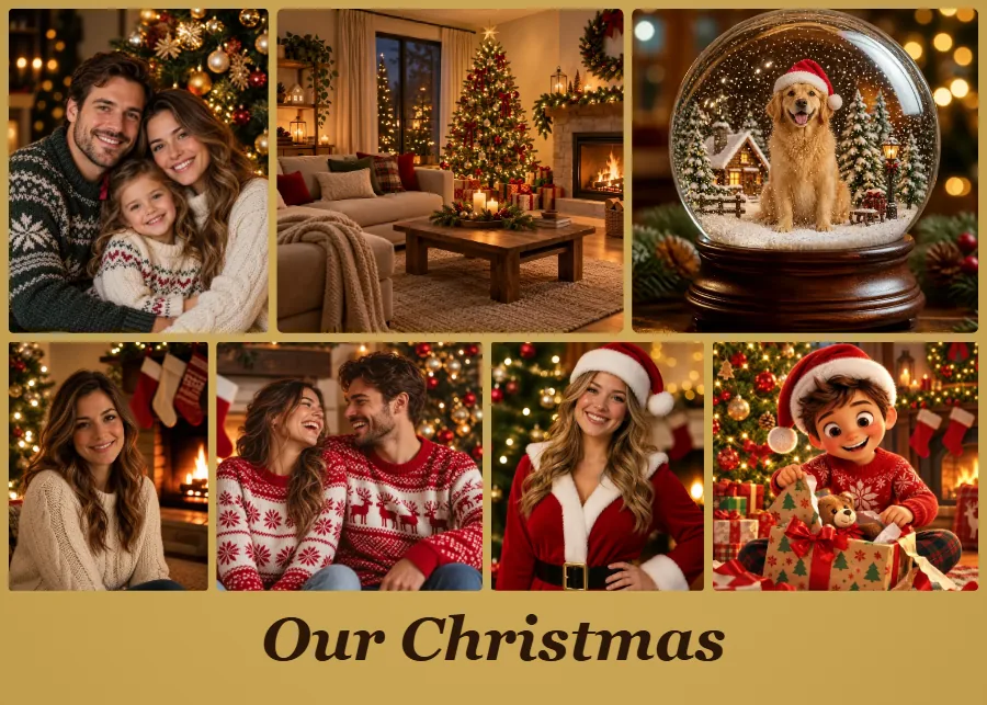 Mosaic Christmas collage of seven photos in justified rows on a gold background
