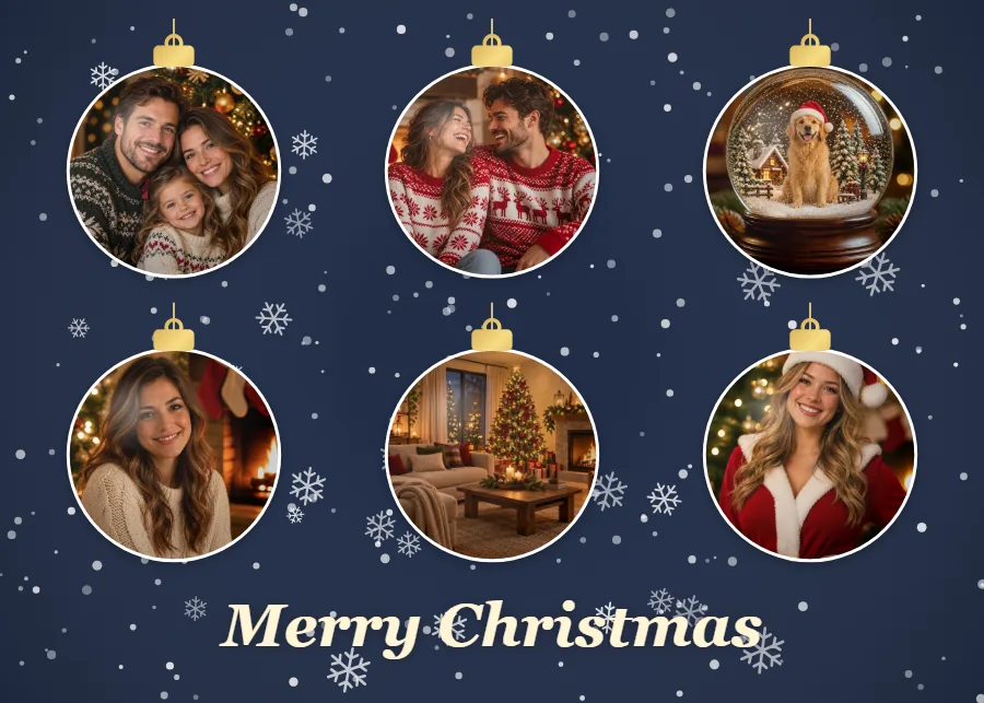 Christmas collage with photos inside round ornaments on a midnight blue background