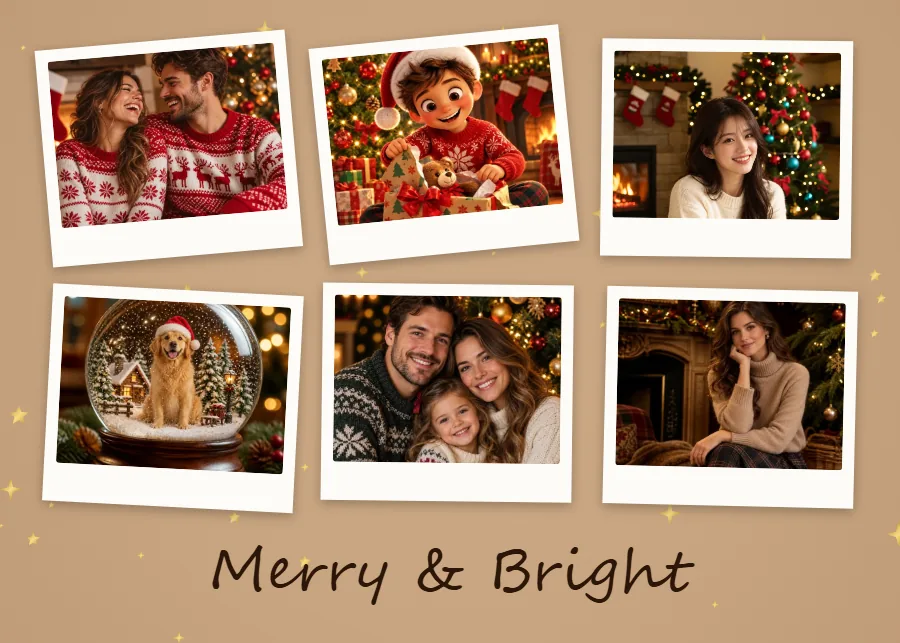 Christmas collage of tilted instant-style prints on a kraft background