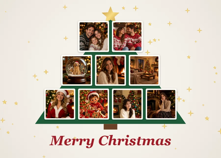 Nine photos arranged as a Christmas tree with a gold star