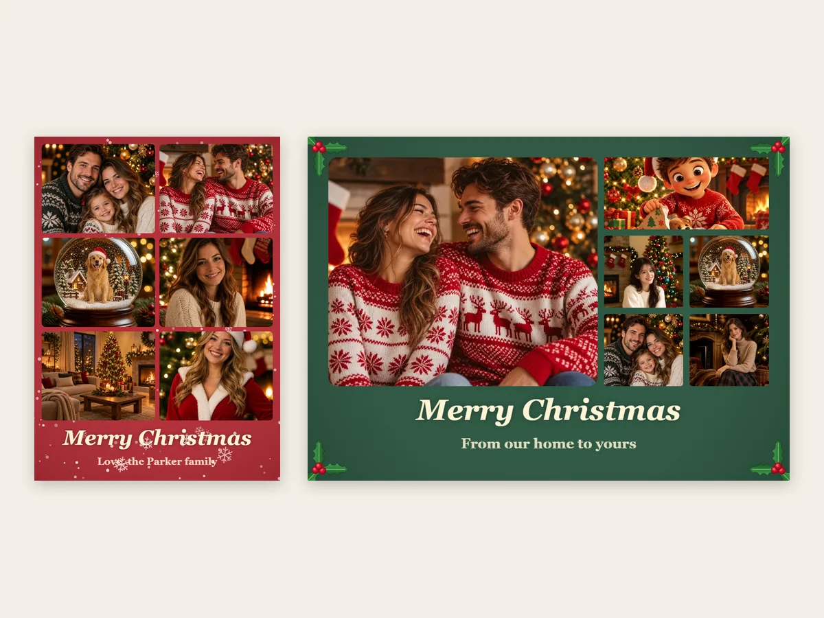 Portrait and landscape 5×7 Christmas card picture collages with greetings