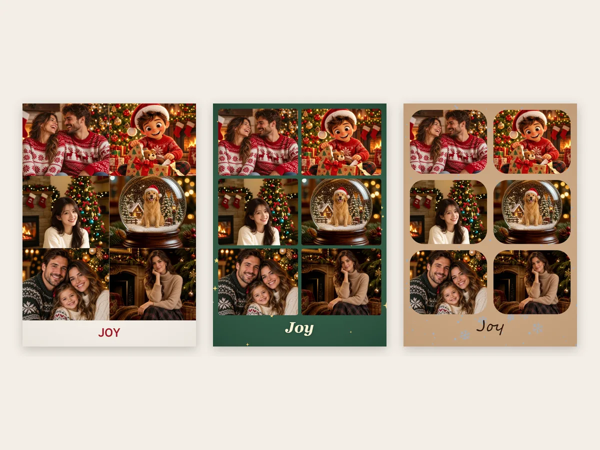 Three Christmas collages with different backgrounds, spacing, and corner rounding