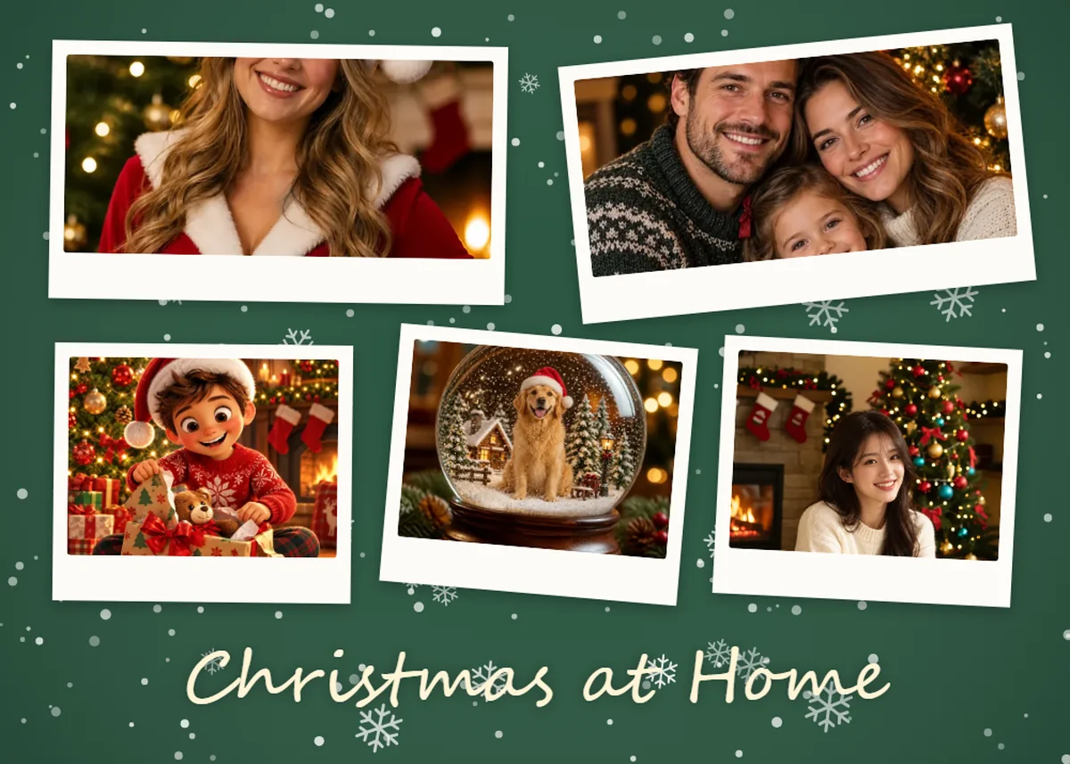 Instant-print Christmas collage of family, kids, and pet photos on an evergreen background