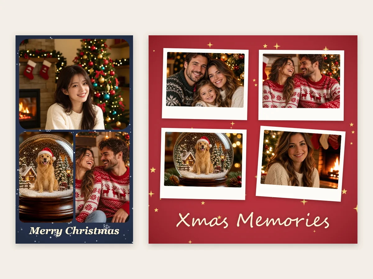 Christmas collage in a 9:16 story shape next to a square instant-print collage