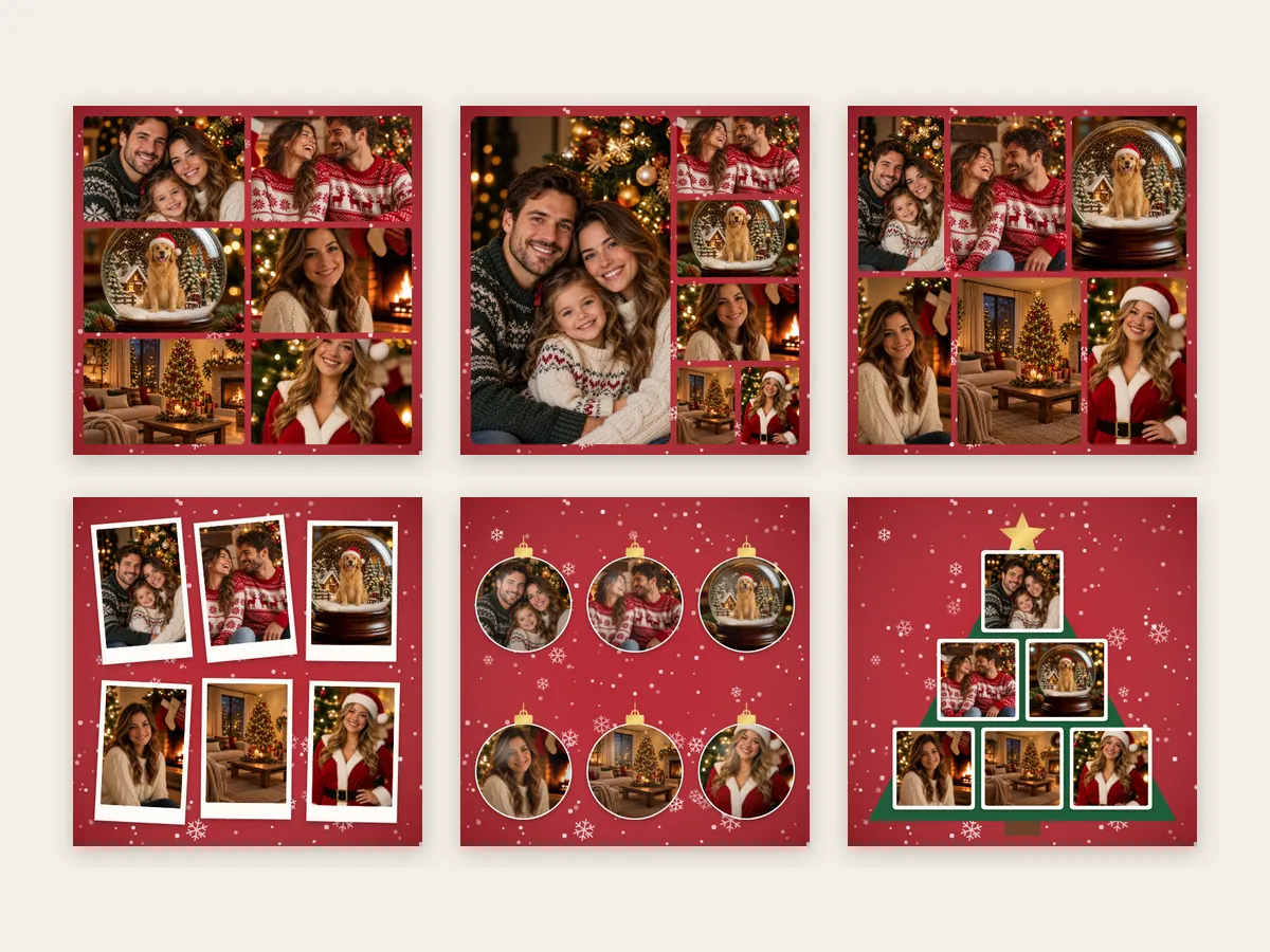 The same six photos shown in all six Christmas collage layouts