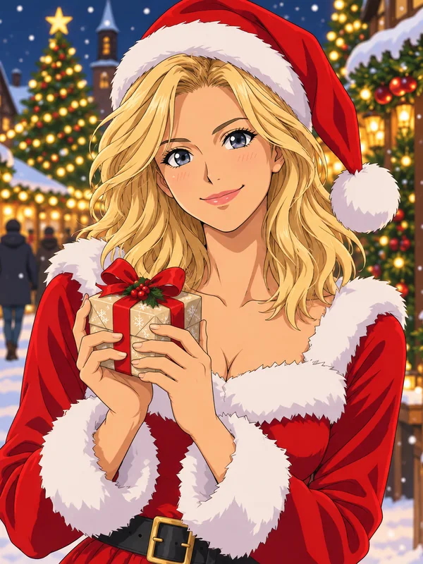 Anime-style woman in a red Santa dress holding a gift on a snowy Christmas street