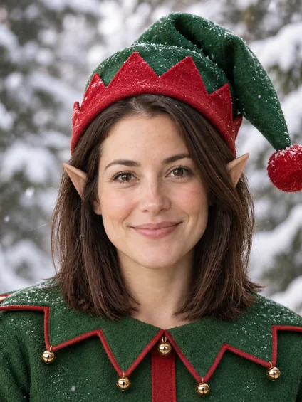 Woman with pointed elf ears and a green elf hat in front of snowy pine trees