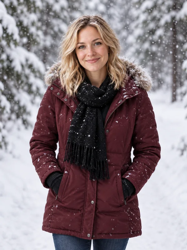 Woman in a red winter coat standing on a snowy path between snow-covered pines