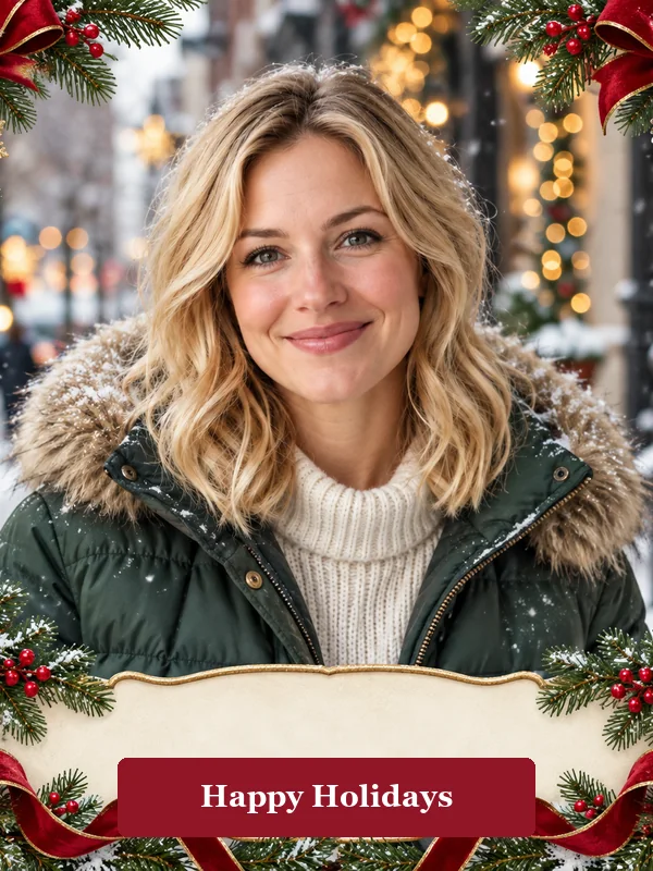 City portrait framed with red ribbons, pine branches, snowflakes, and a Happy Holidays banner