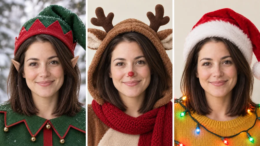 One woman shown with three Christmas face filters: elf, reindeer hoodie, and Santa hat with lights
