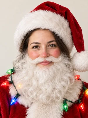 Man turned into Santa with a white beard, rosy cheeks, red hat, and string lights