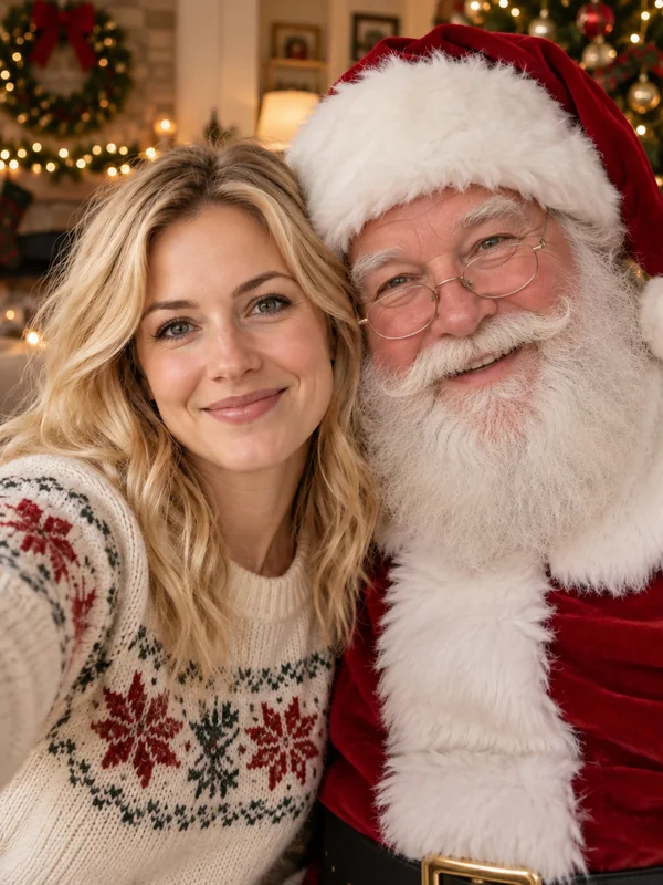 Woman in a green blazer taking a selfie with Santa beside a Christmas tree