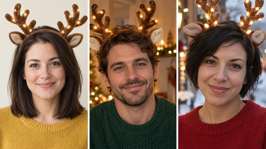 The reindeer antler Christmas filter applied to three different portraits