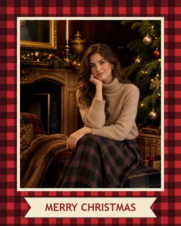 Woman by the fireplace in a red buffalo plaid Christmas border with a Merry Christmas banner