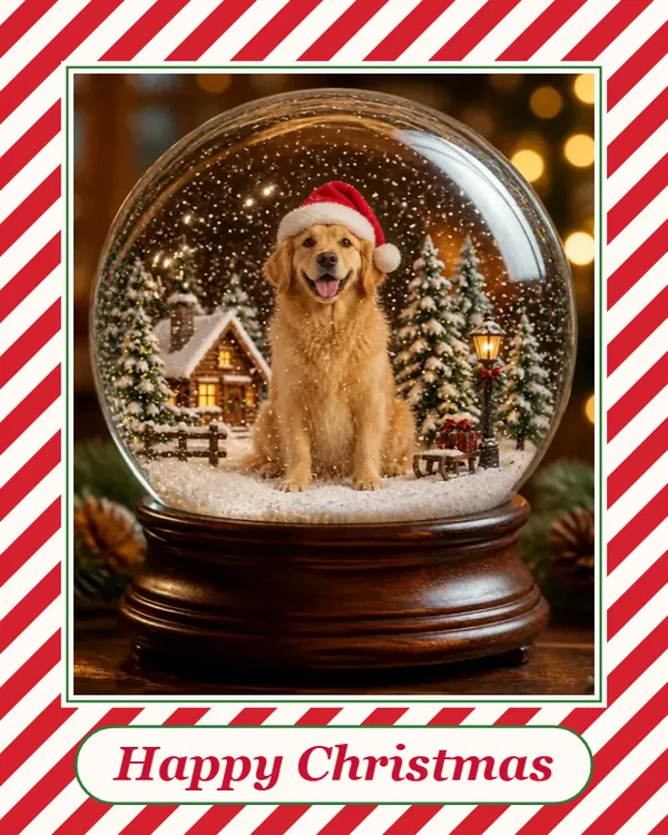 Dog in a snow globe inside a candy cane striped Christmas border reading Happy Christmas