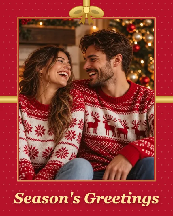 Couple in matching sweaters inside a red gift wrap Christmas frame with a gold bow