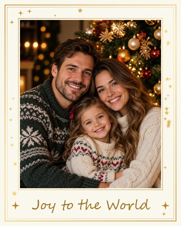 Family photo in an ivory and gold stars Christmas frame reading Joy to the World