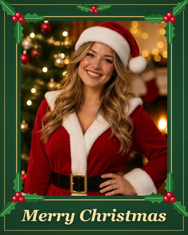 Woman in a Santa suit inside a green holly and berries Christmas frame