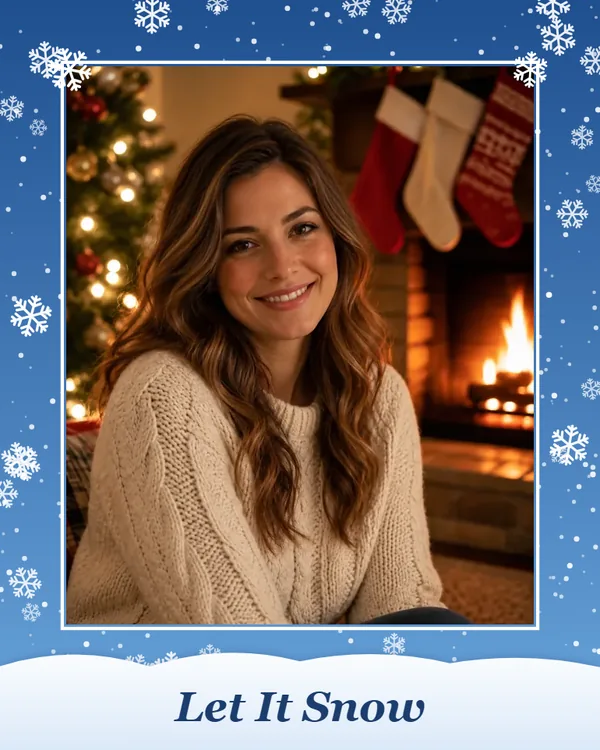 Portrait in a blue snowflake Christmas frame with a snowdrift reading Let It Snow