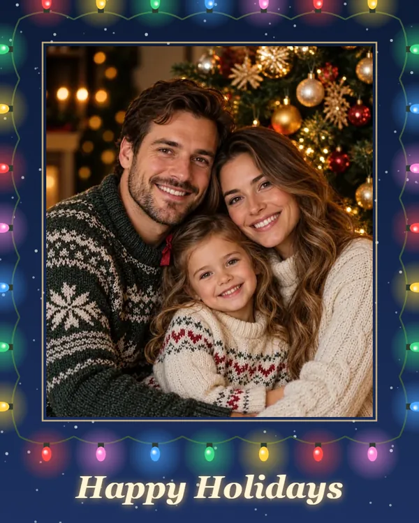 Family photo framed by colorful twinkle lights with a Happy Holidays greeting