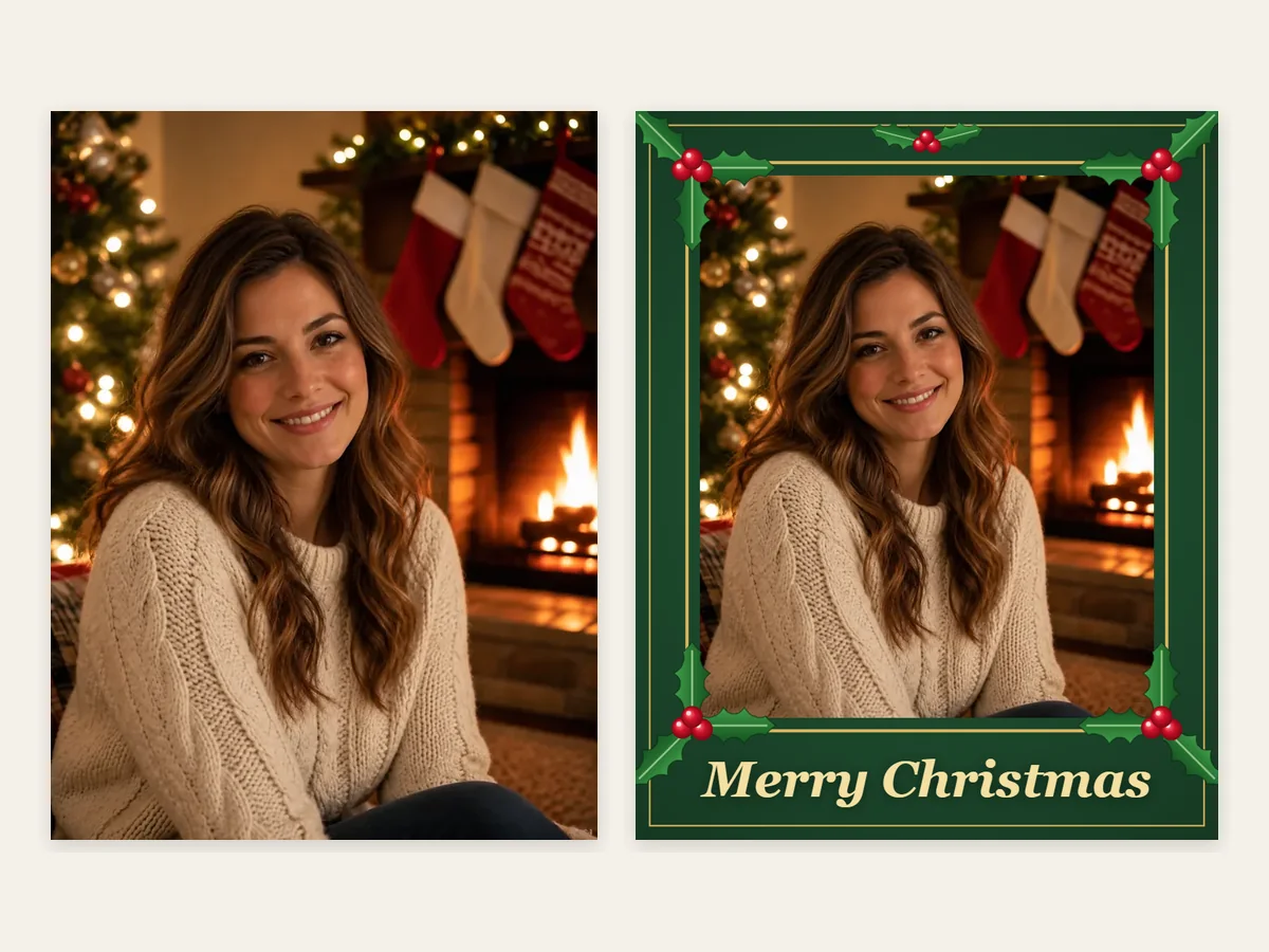 Original fireside portrait next to the same photo in a holly Christmas frame