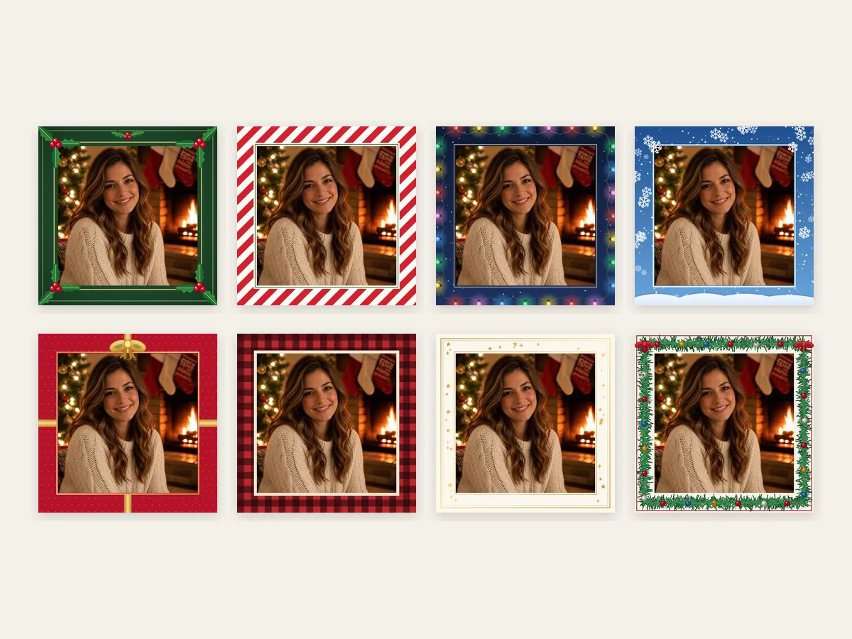 One portrait shown in all eight Christmas frames and borders