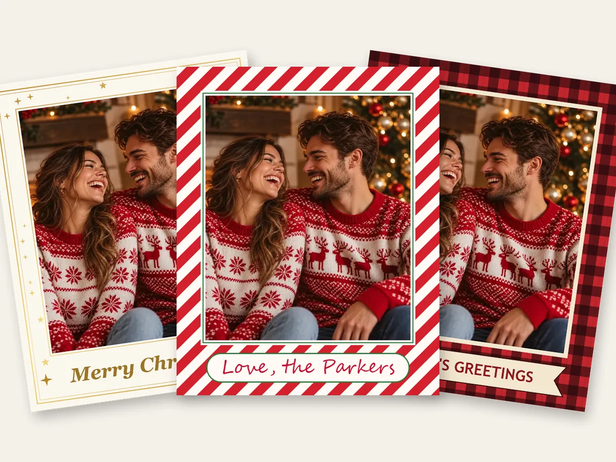 Three personalized Christmas photo frames with different greetings and lettering styles