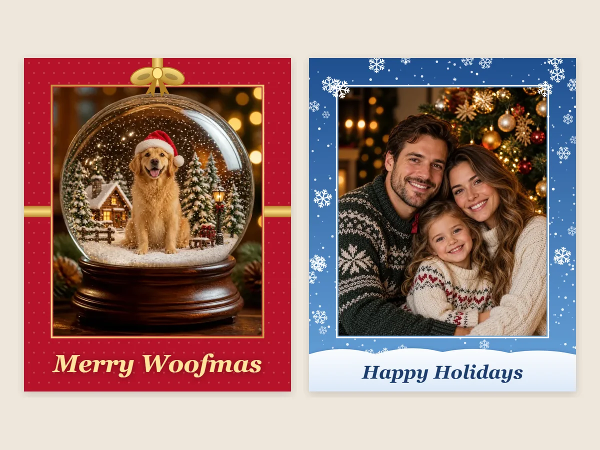 Dog photo in a gift wrap Christmas frame next to a family photo in a snowfall frame