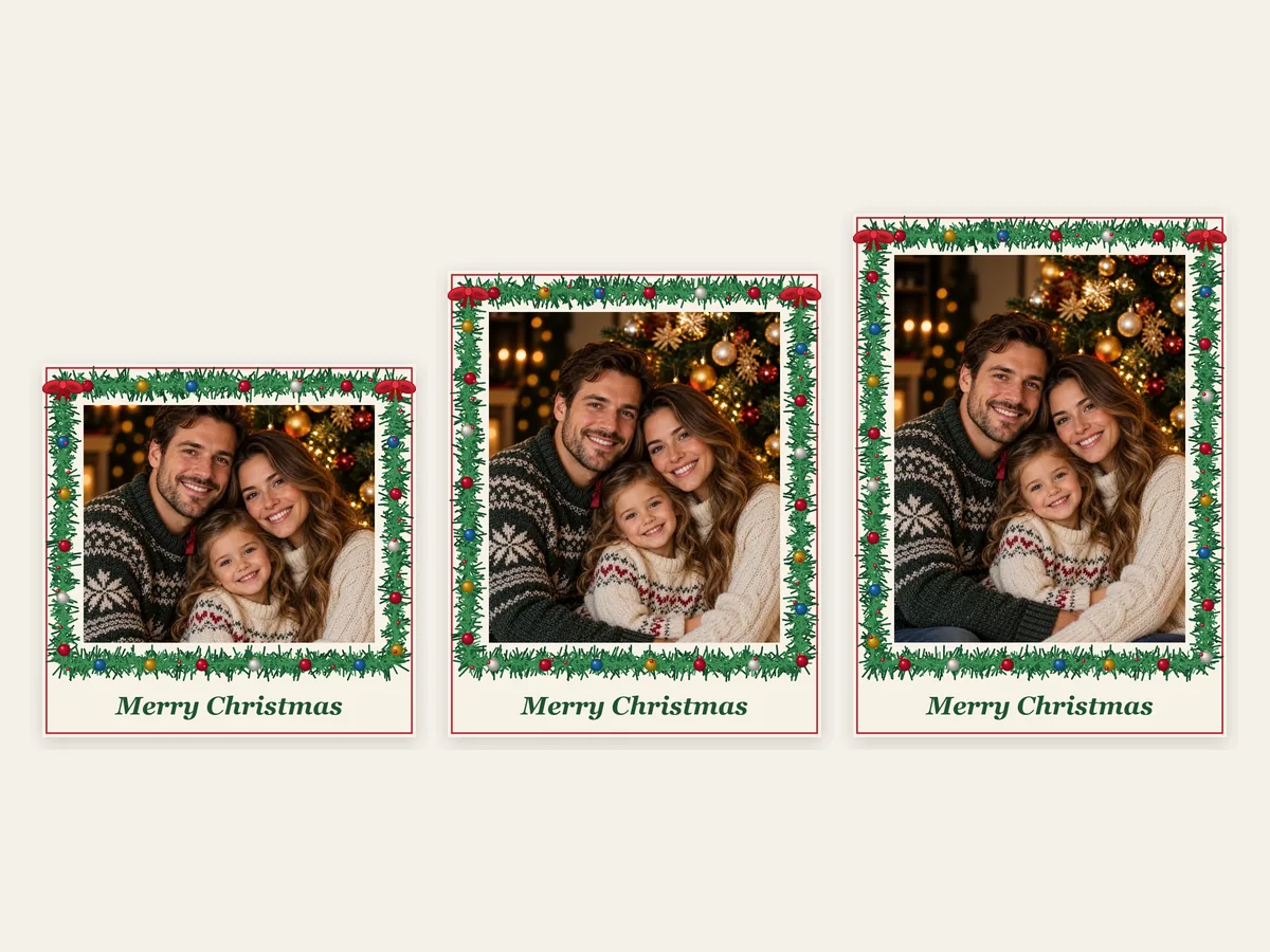 The same evergreen garland Christmas frame in square, 4:5, and 5×7 printable shapes