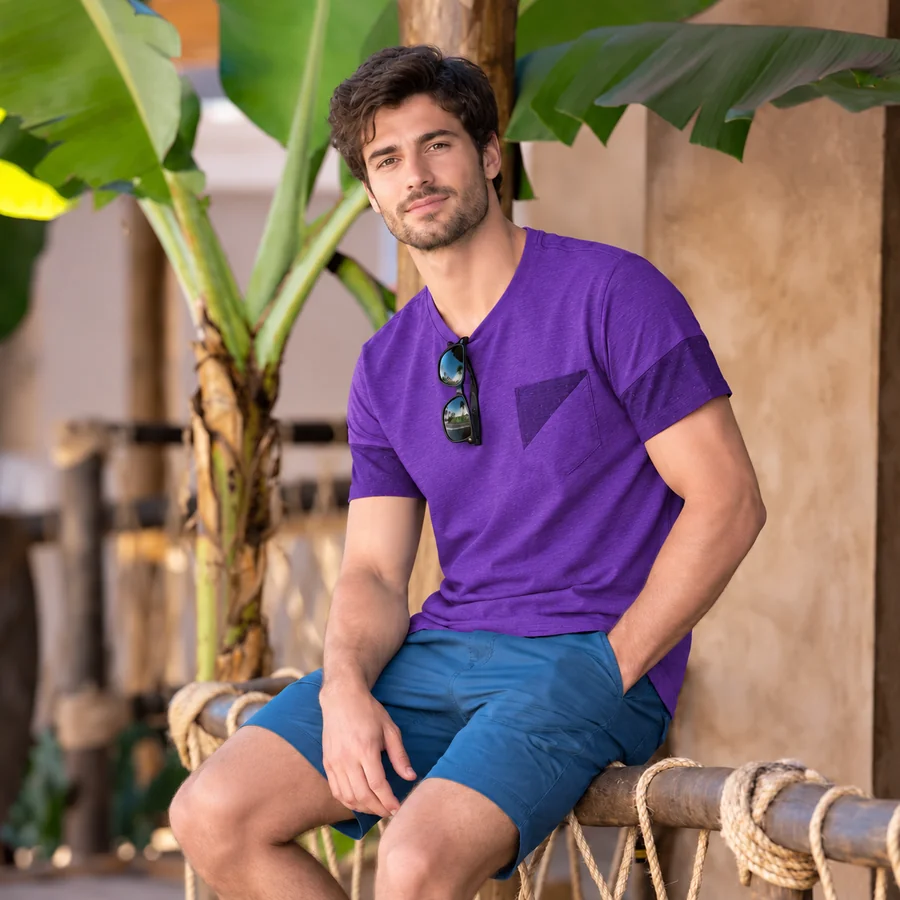 Drag to compare the teal T-shirt and the purple T-shirt (after)