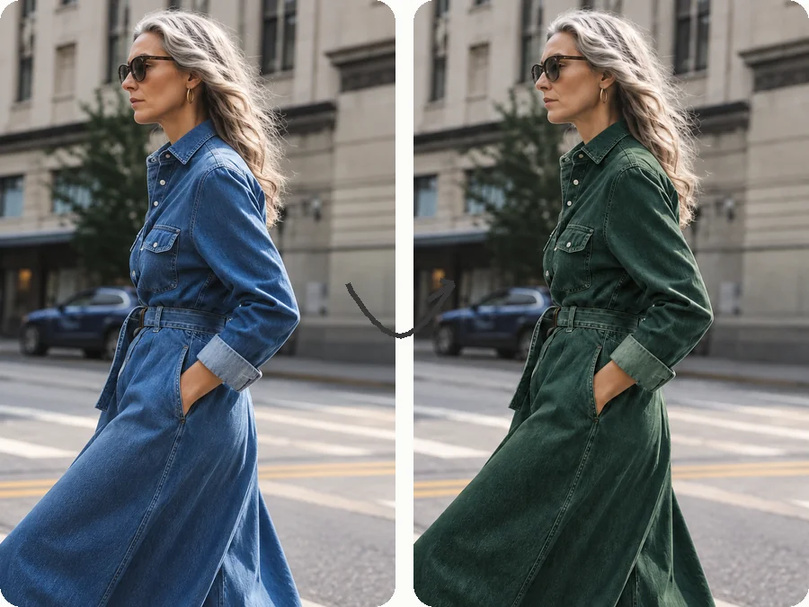 Blue denim dress recolored to dark green with the fabric texture preserved